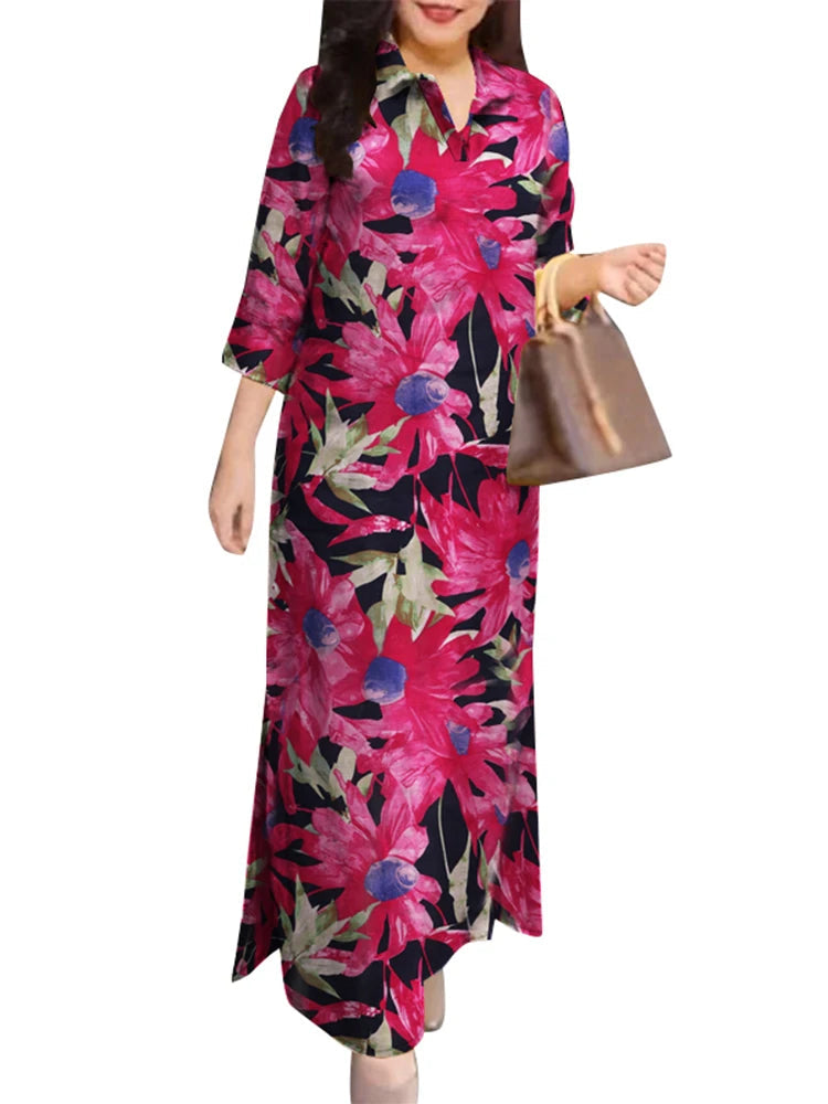 Lapel Floral Print Maxi Dress