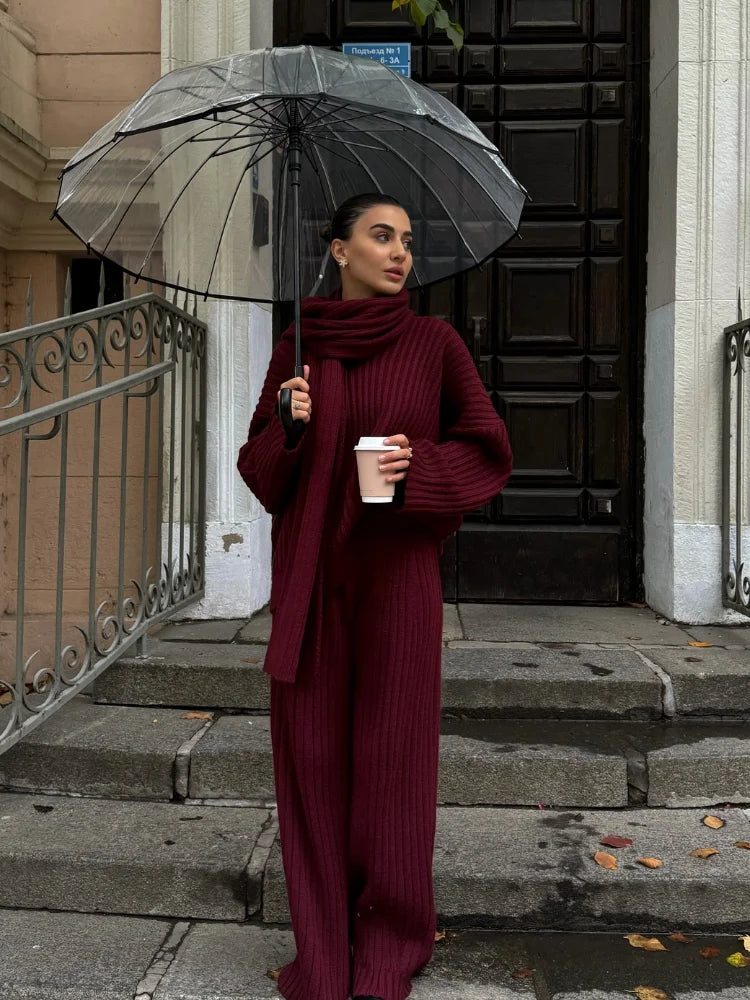 Burgundy Scarf Sweater & Pants Set