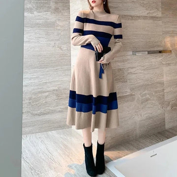 Elegant Striped Knit Sweater Dress