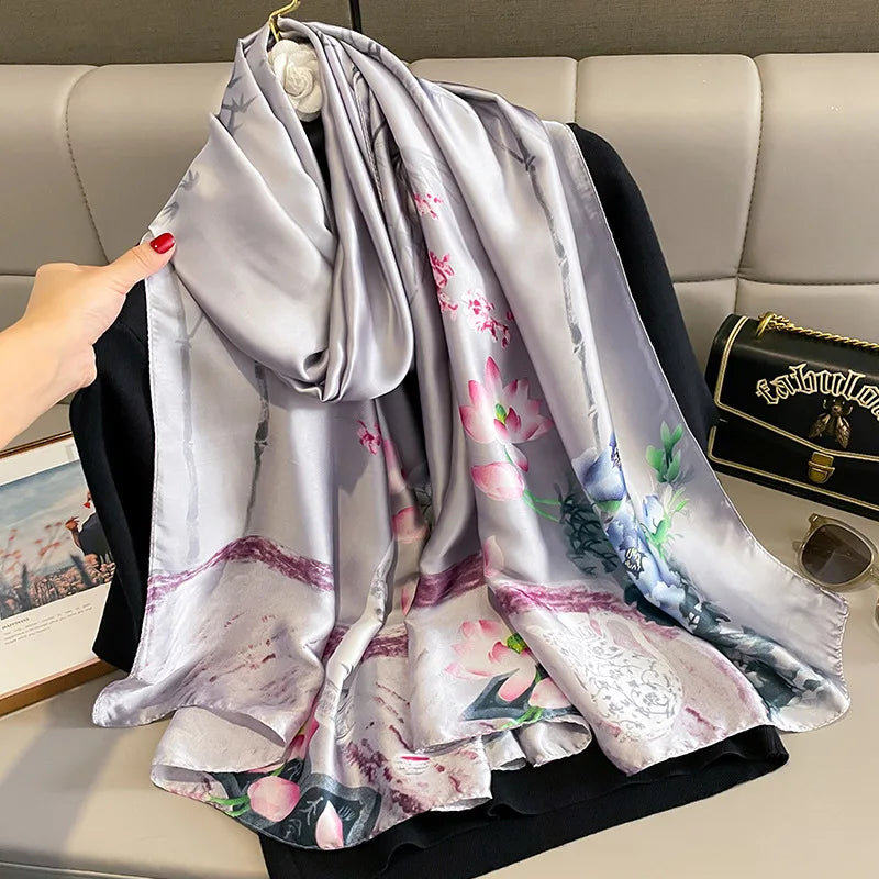 Women Scarf Silk Scarves Spring And Summer Fashion Printing Shawl Temperament Long Wrap Thin For Travel Warm Neck Sun Protection