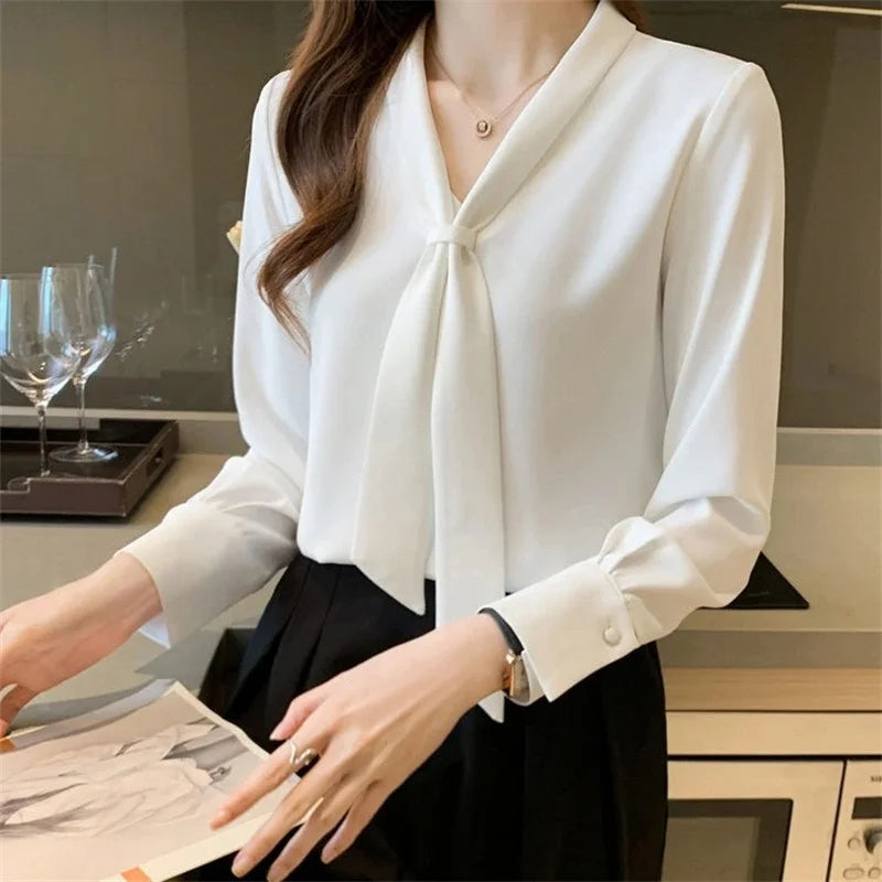Women Long Sleeve Bow Blouse