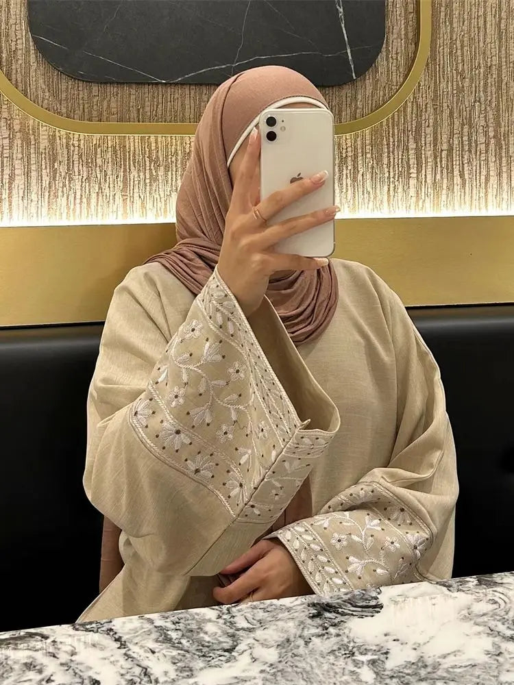 Linen Flower Embroidered Abaya