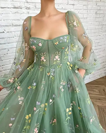 Green Puffy Sleeve Prom Gown