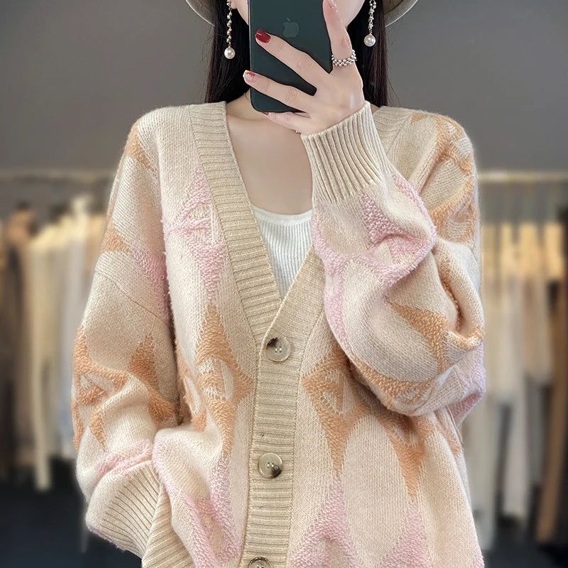 Pink Wool V-Neck Cardigan