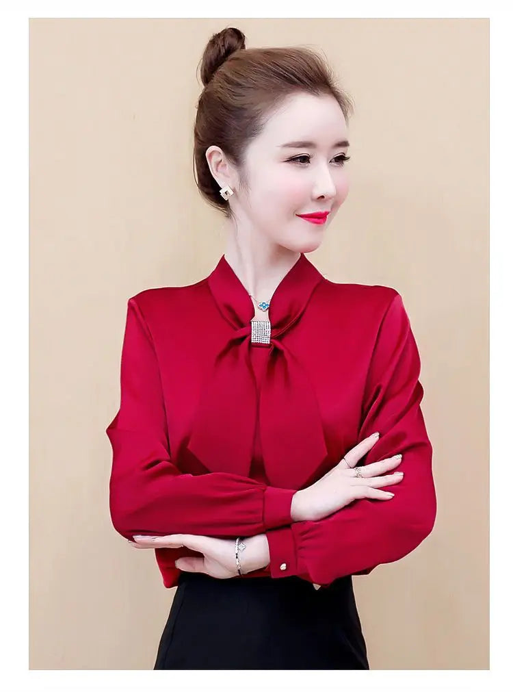 Women Satin Bow V-Neck Shirt