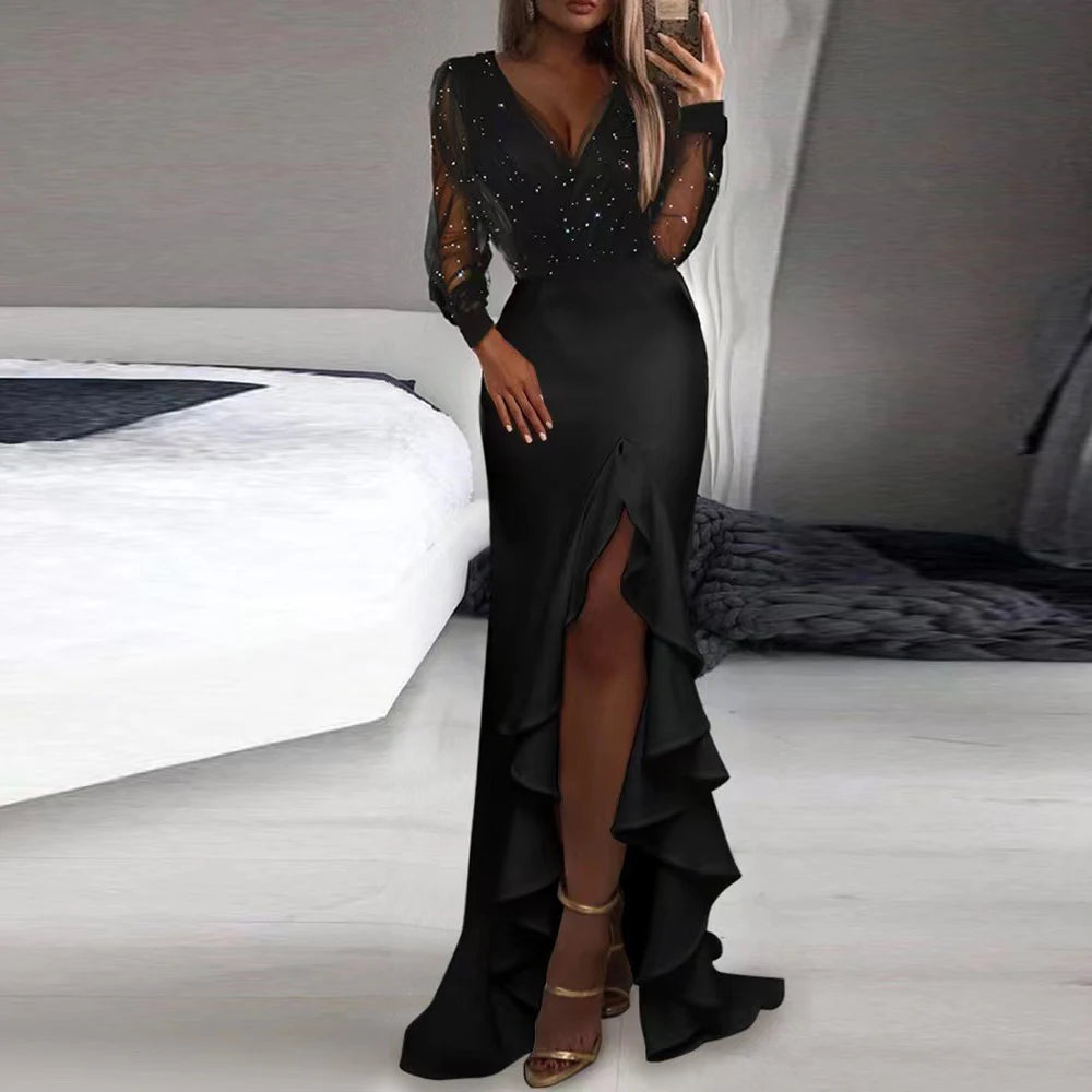 V-Neck Mesh Maxi Dress