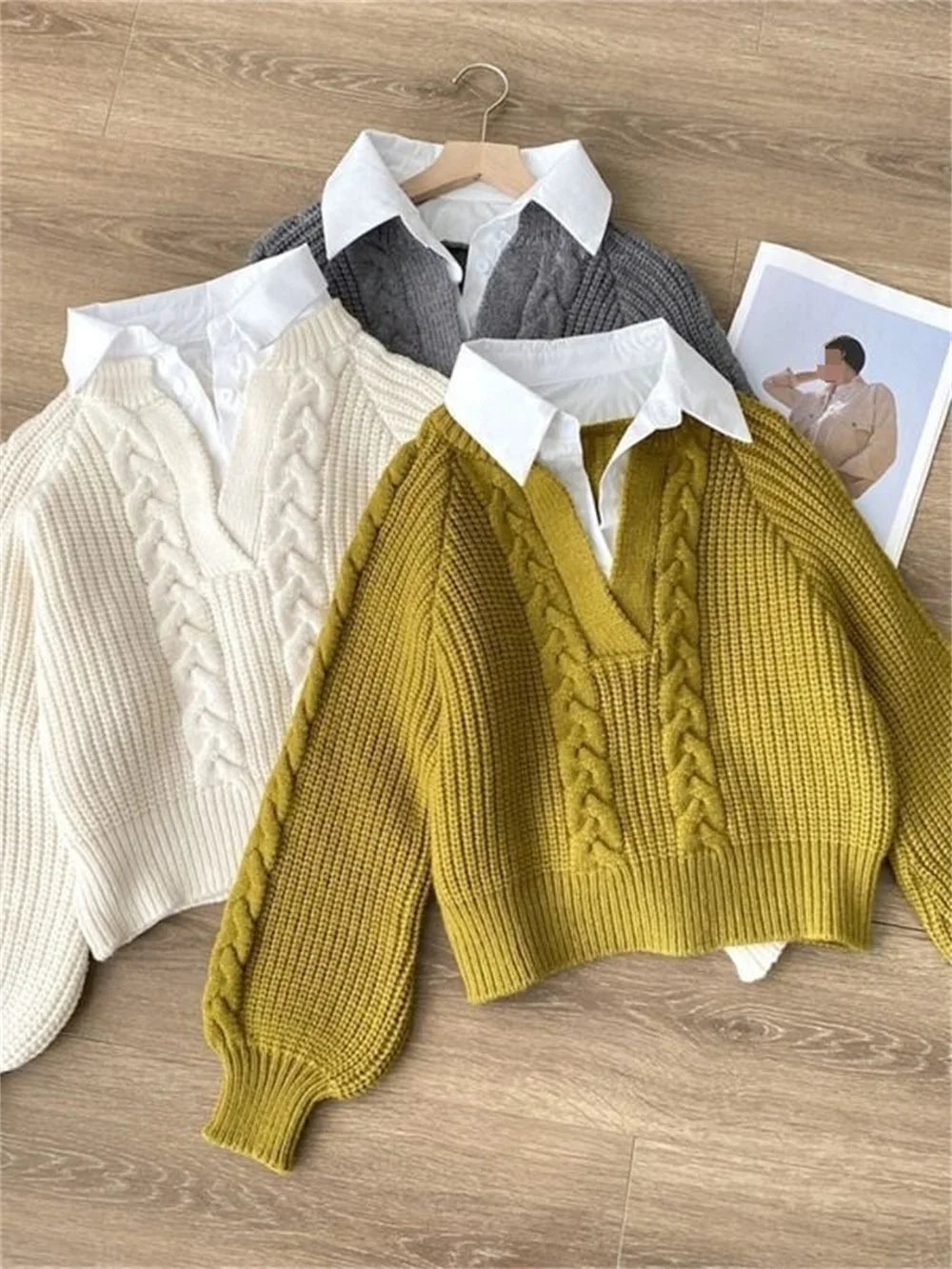Women Retro Fake Two Sweaters
