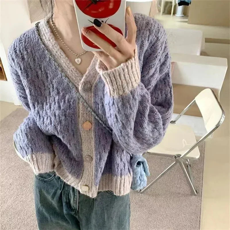 Purple Patchwork V-Neck Cardigan