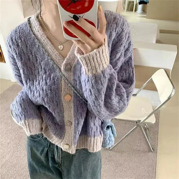 Purple Patchwork V-Neck Cardigan