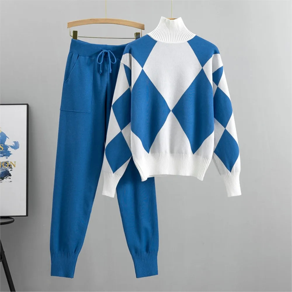 Knitted Checkered Turtleneck Sweater Set