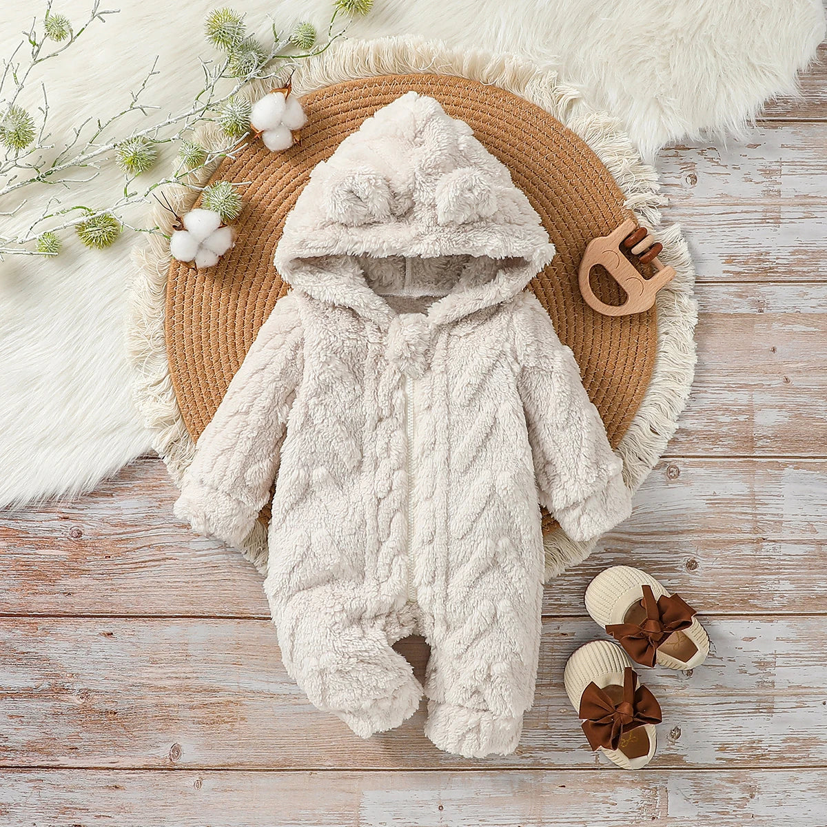 Baby Girls' Plush Hoodie Jumpsuit