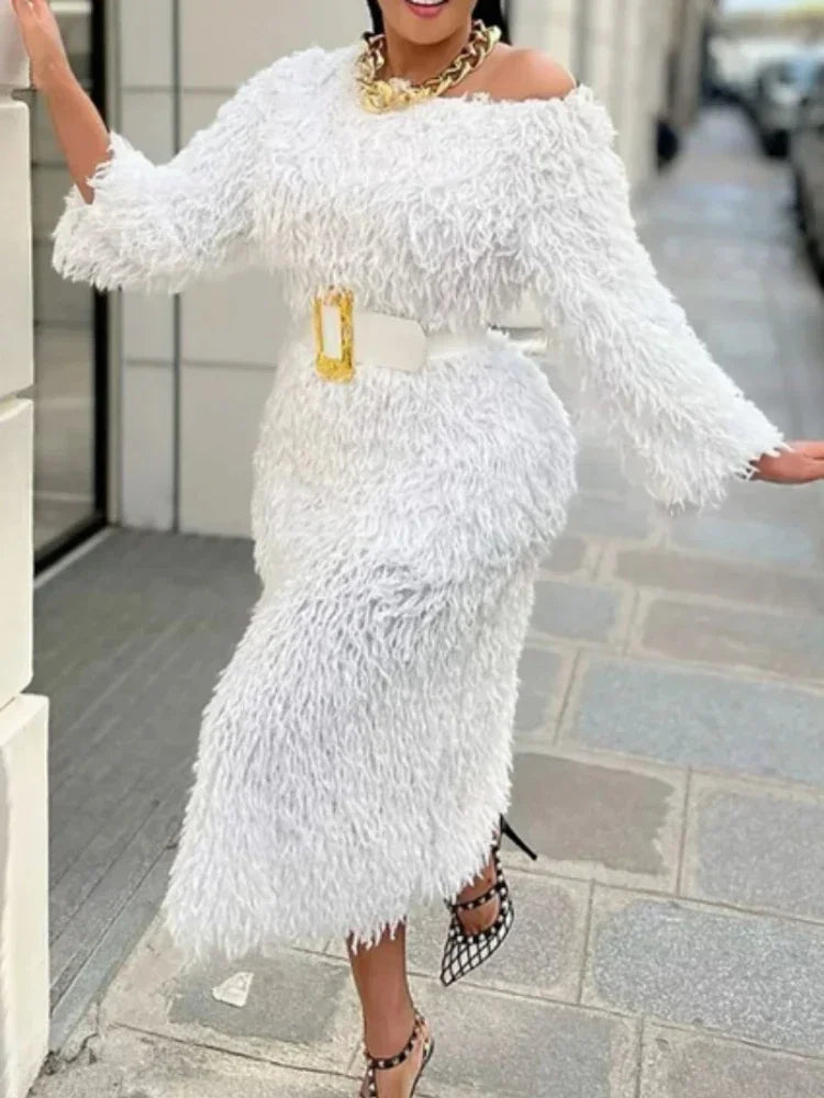 Women’s White Fur Midi Dress