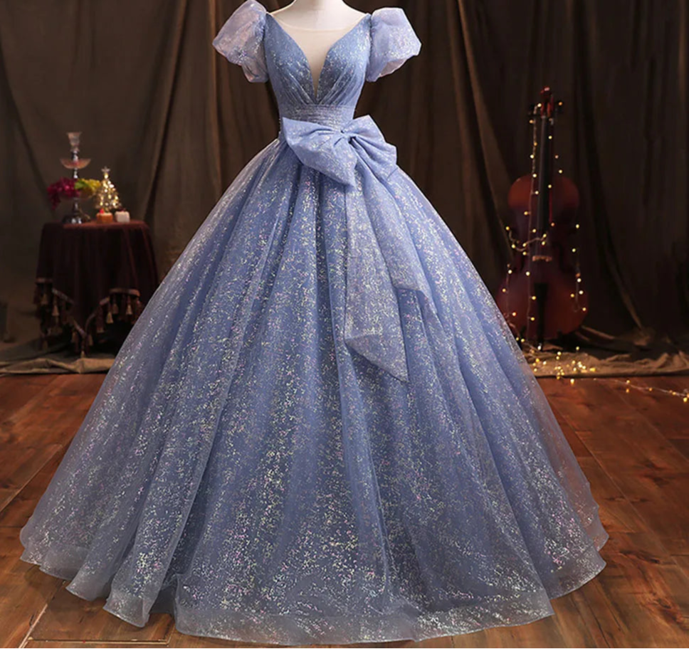 Glitter Puff Sleeve Prom Gown