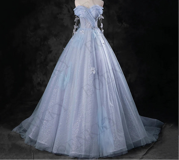 Blue Off-Shoulder Sparkly Prom Gown