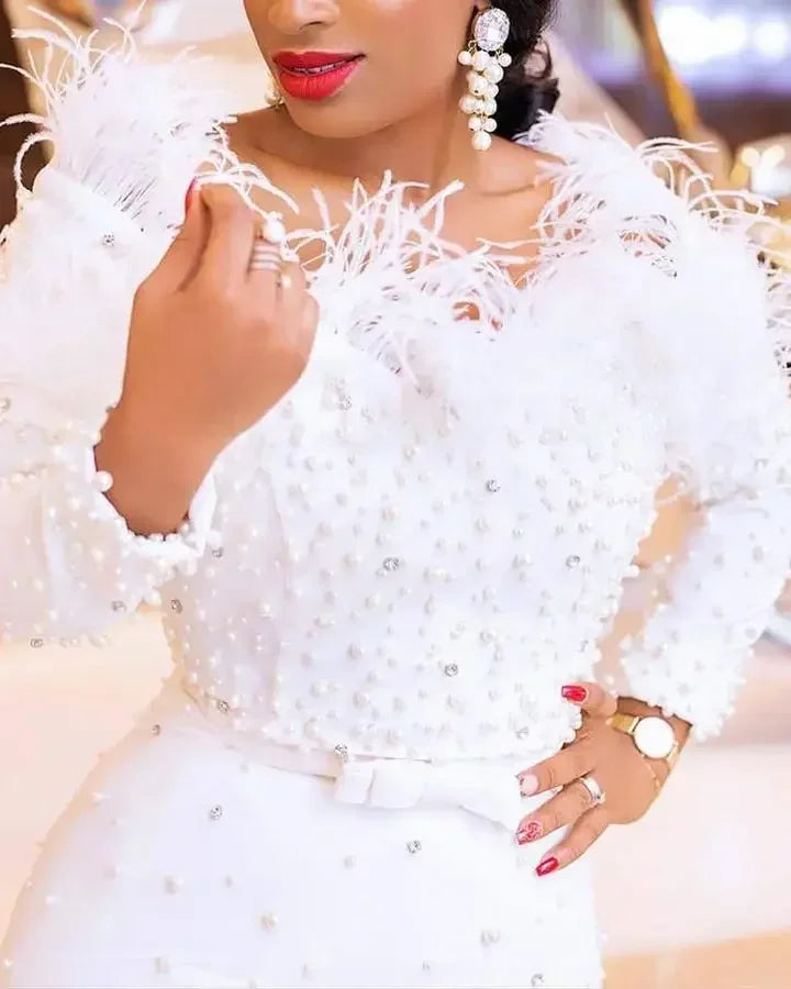 Feather White Pearls Maxi Dress