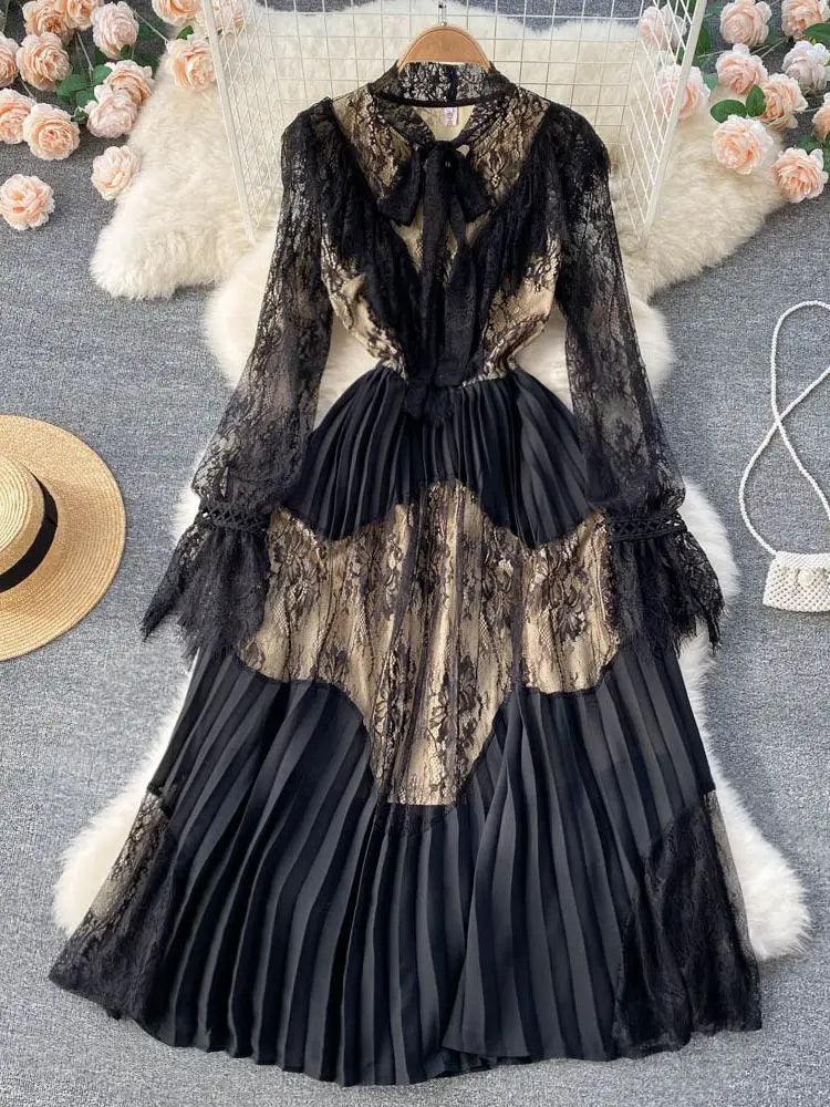 Autumn Fashion Black Lace Party Dress Women Clothing Bow Collar Long Flare Sleeve Elegant Hollow Out Stitching Pleated Vestidos