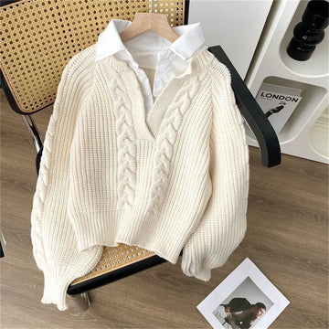 Women Retro Fake Two Sweaters