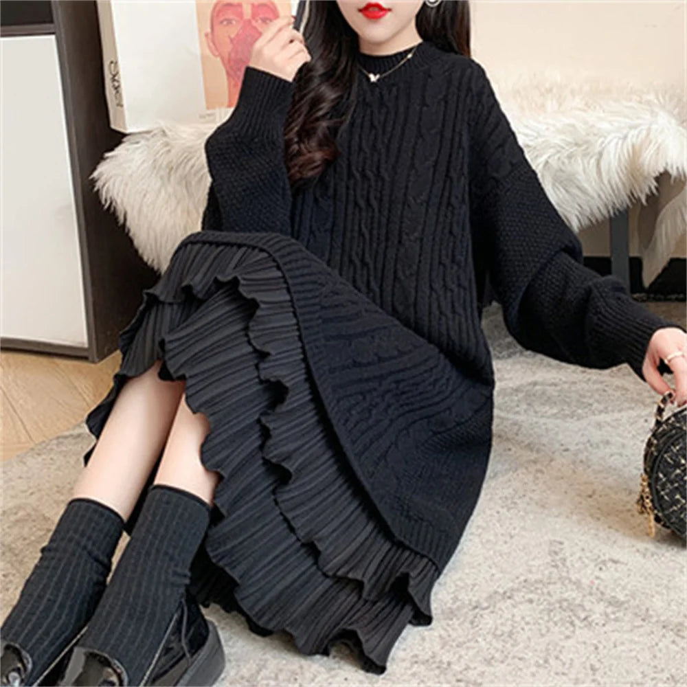 Lace Hem Long Sleeve Sweater Dress