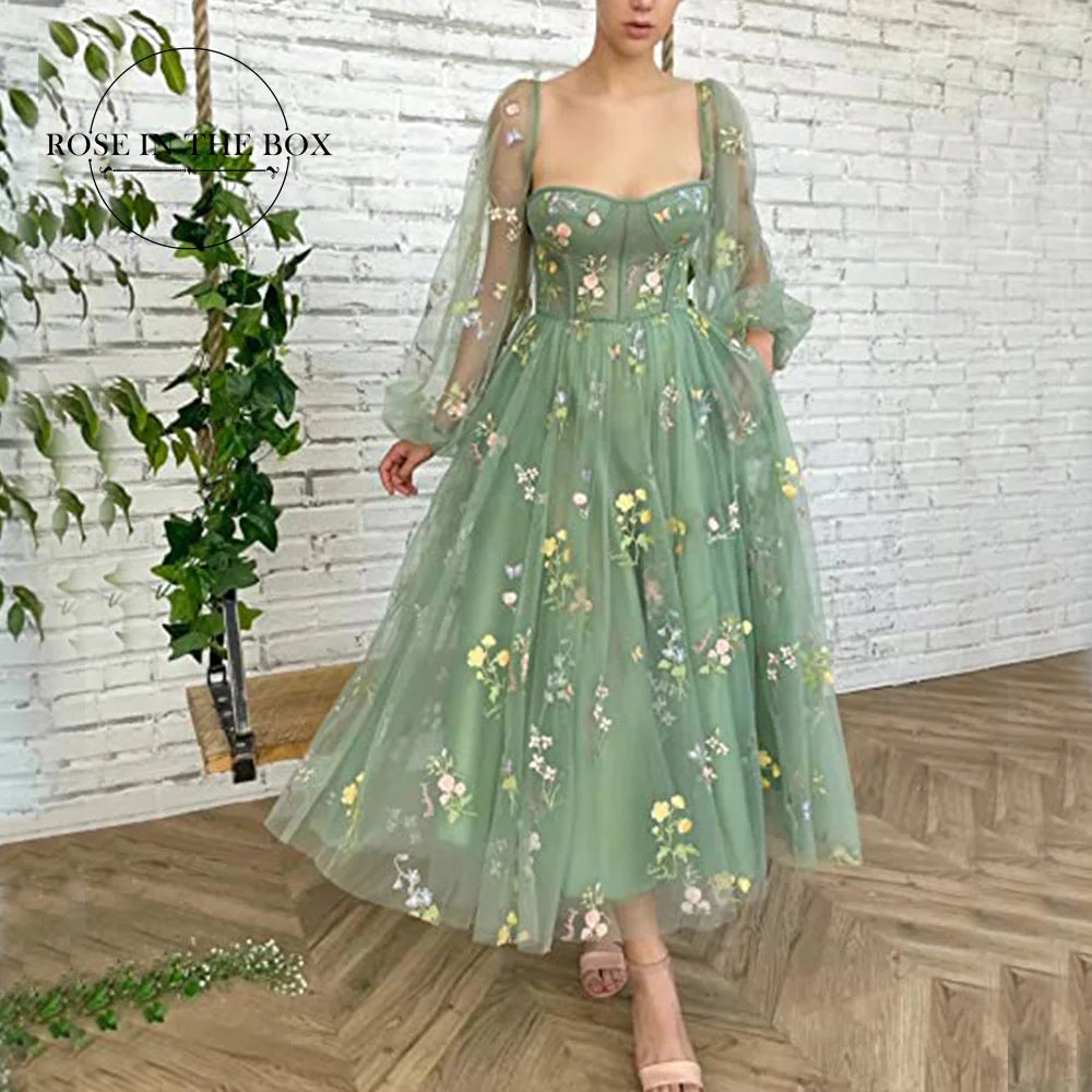 Green Puffy Sleeve Prom Gown