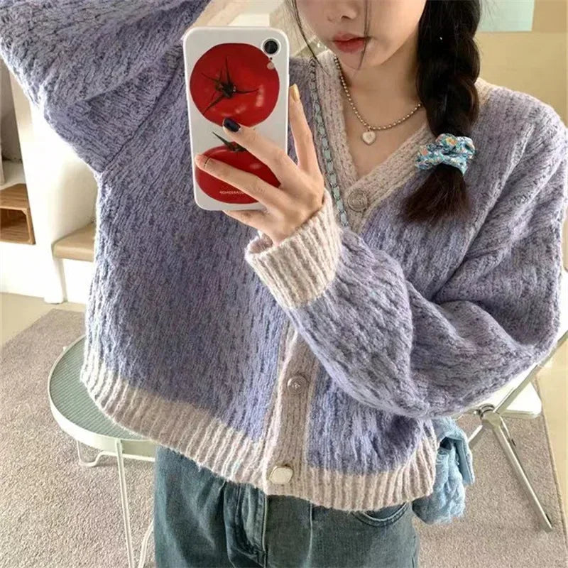 Purple Patchwork V-Neck Cardigan