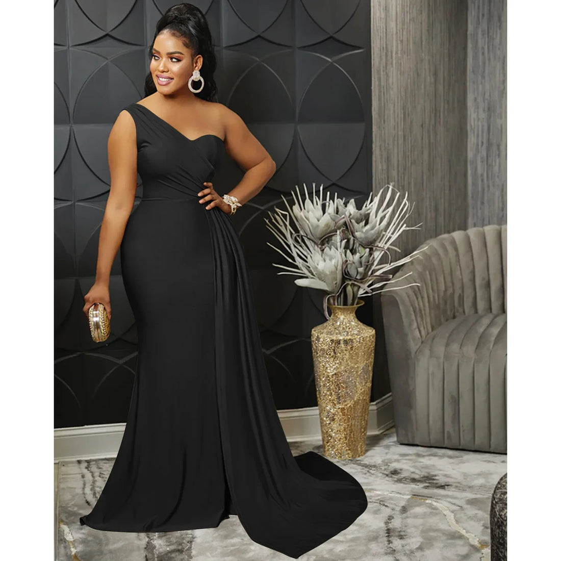 One-Shoulder Floor-Length Red Dress