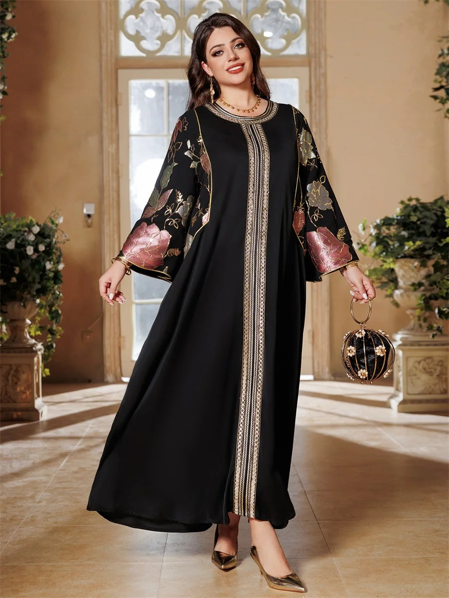 Gold Stamped Petal Sleeve Abaya