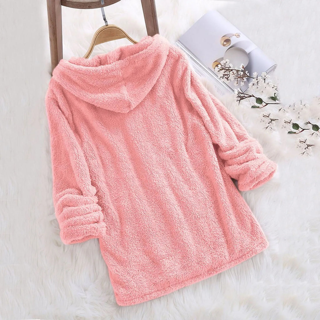 Women Long Sleeve Plush Hoodies Lady 2024 Warm Solid Fluffy Flannel Pullover Pajama Loose Hooded Sweatshirts Top Korean New