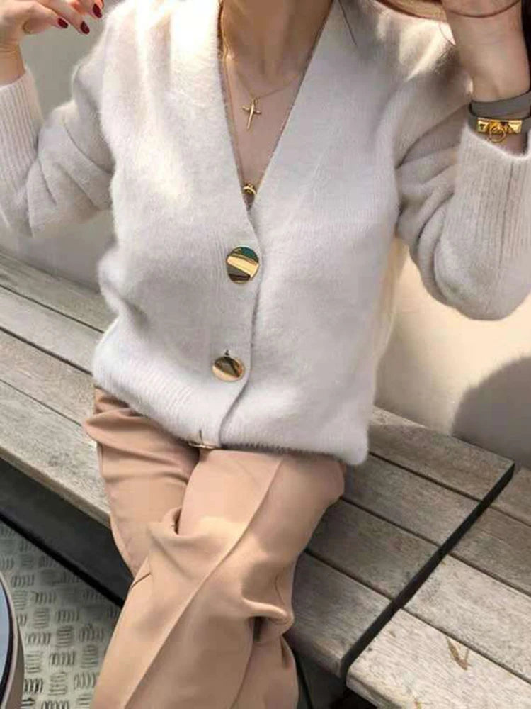 Beige Knitted V-Neck Cardigan