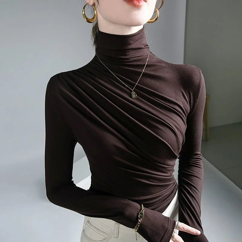 Women Pleated High Neck Blouse