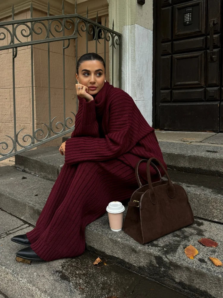 Burgundy Scarf Sweater & Pants Set