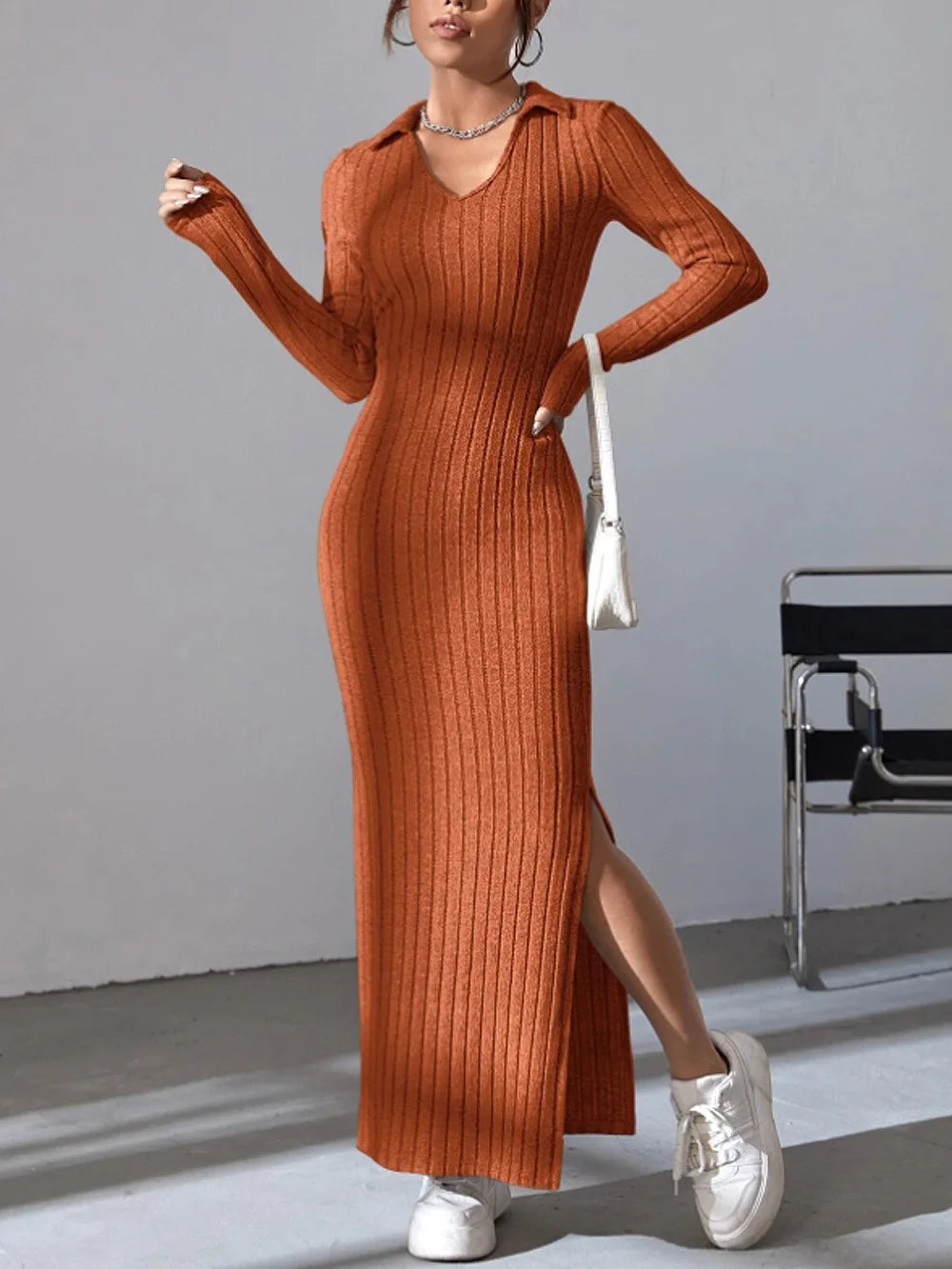 Slim-Fit Knitted Lapel Dress