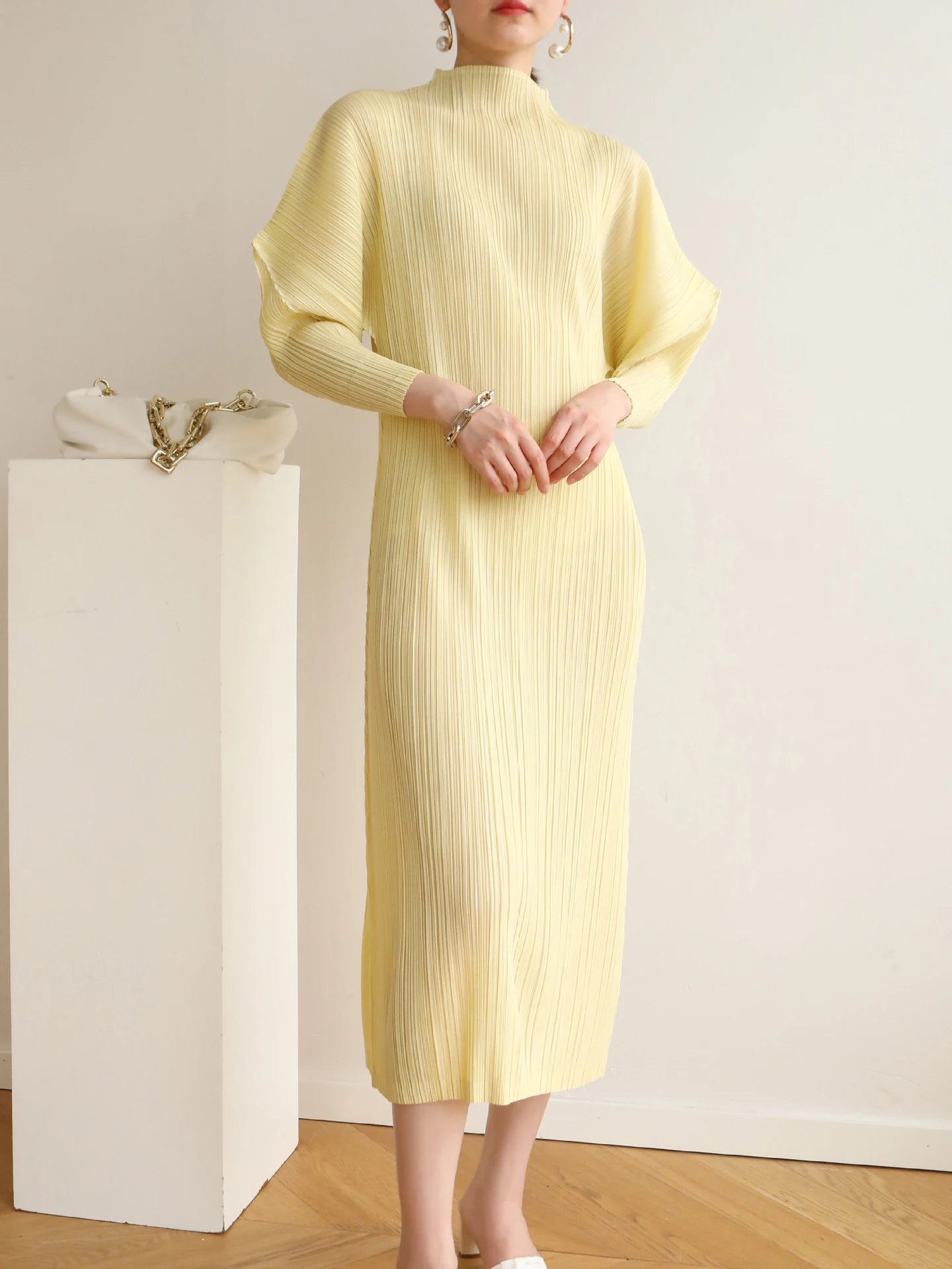 Pleats Batwing Sleeve Dress