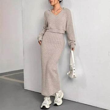 Casual Knitted Hoodie Dress Set