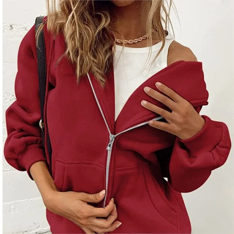 Fashion Gray Zip Up Sweatshirt Women Autumn Winter Jacket Clothes Hoodies Daily Pockets Long Sleeve Solid Versatile Lady Hoodies