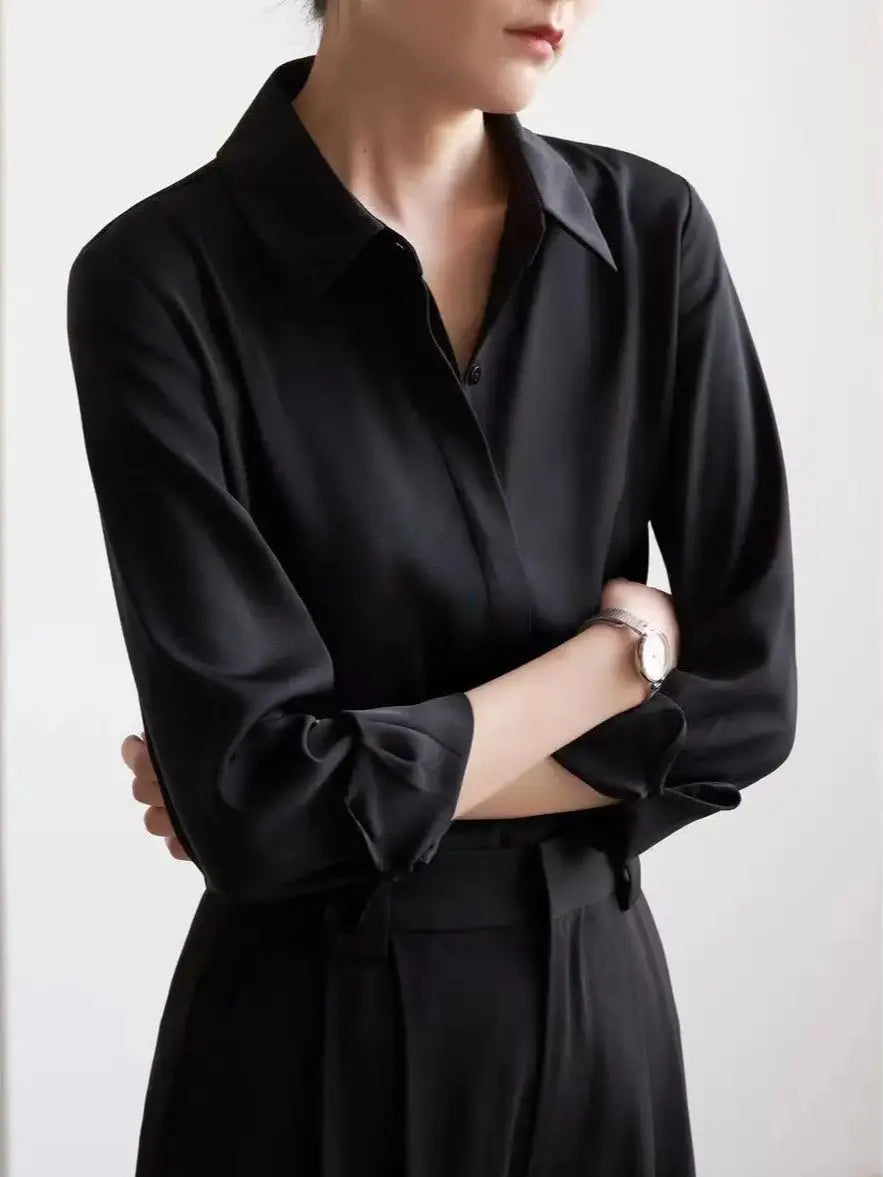 Black Satin Button-Up Shirt