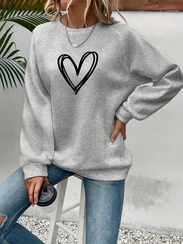 Heart Print Pullover Sweatshirt, Casual Long Sleeve Crew Neck Sweatshirt For Spring & Fall, Women's Clothing