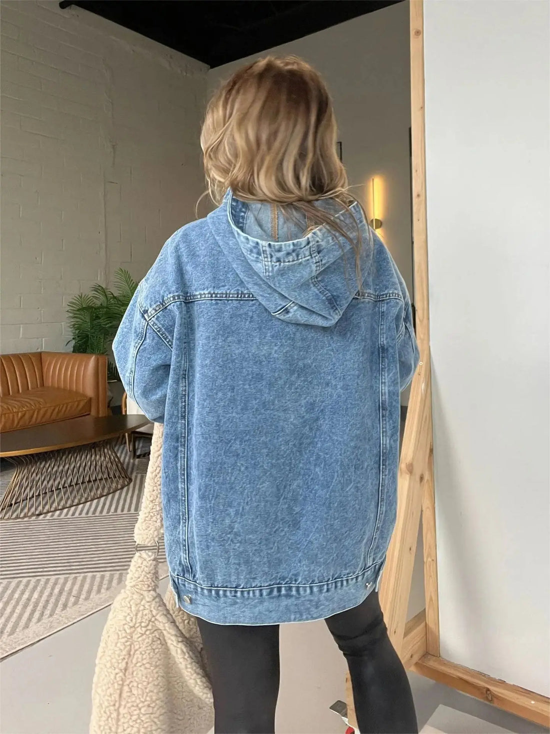 Midiross Women's Spring New Fashion Solid Color Loose Hooded Jumper Denim Hoodie Hipster Long Sleeve Denim Hoodie