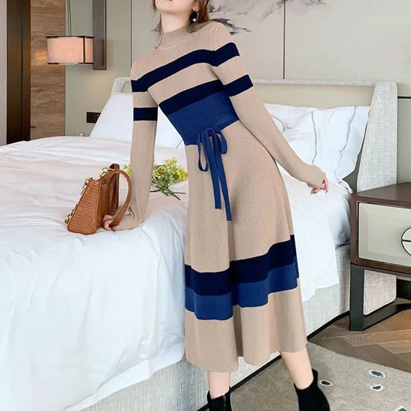 Elegant Striped Knit Sweater Dress