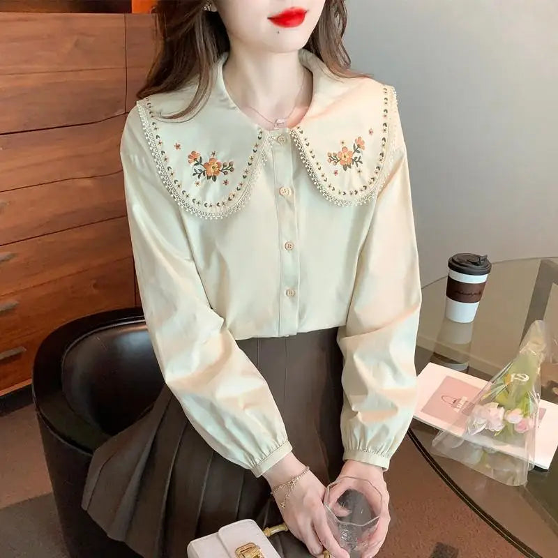 Peter Pan Collar Embroidered Shirt