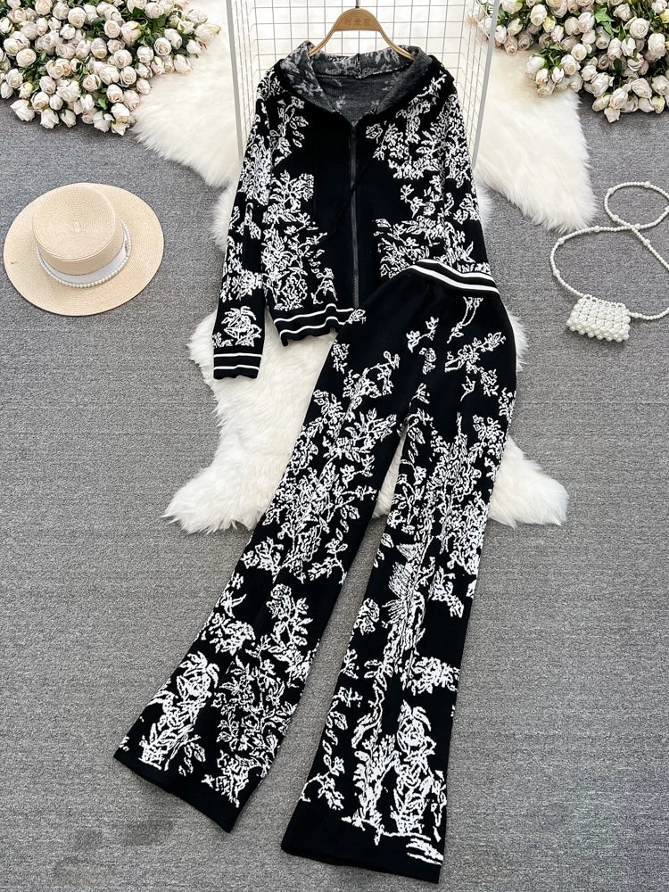 Vintage Print Knit Hoodie & Pants Set