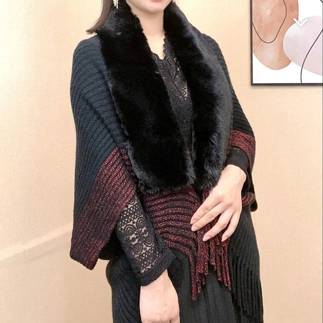 Winter Hot Selling Women's Fur Collar Shawl Premium Quality Heavy Thick Knitting Shawl Luxury Designers Scarf Tassles Stoles