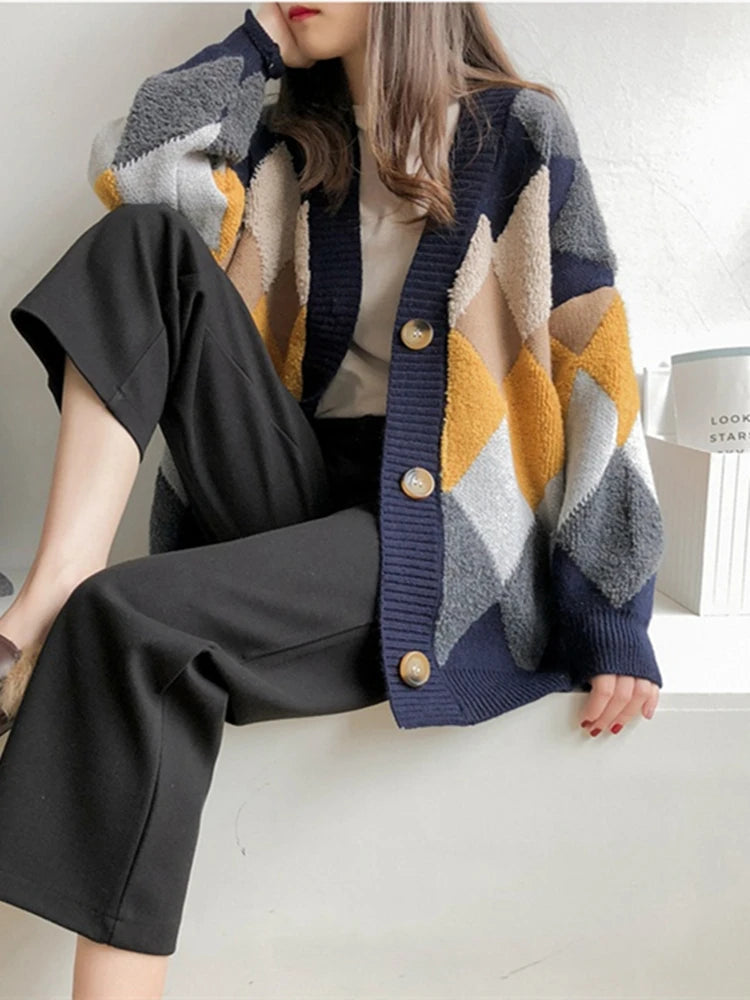 Plaid Puff Sleeve Oversized Cardigan