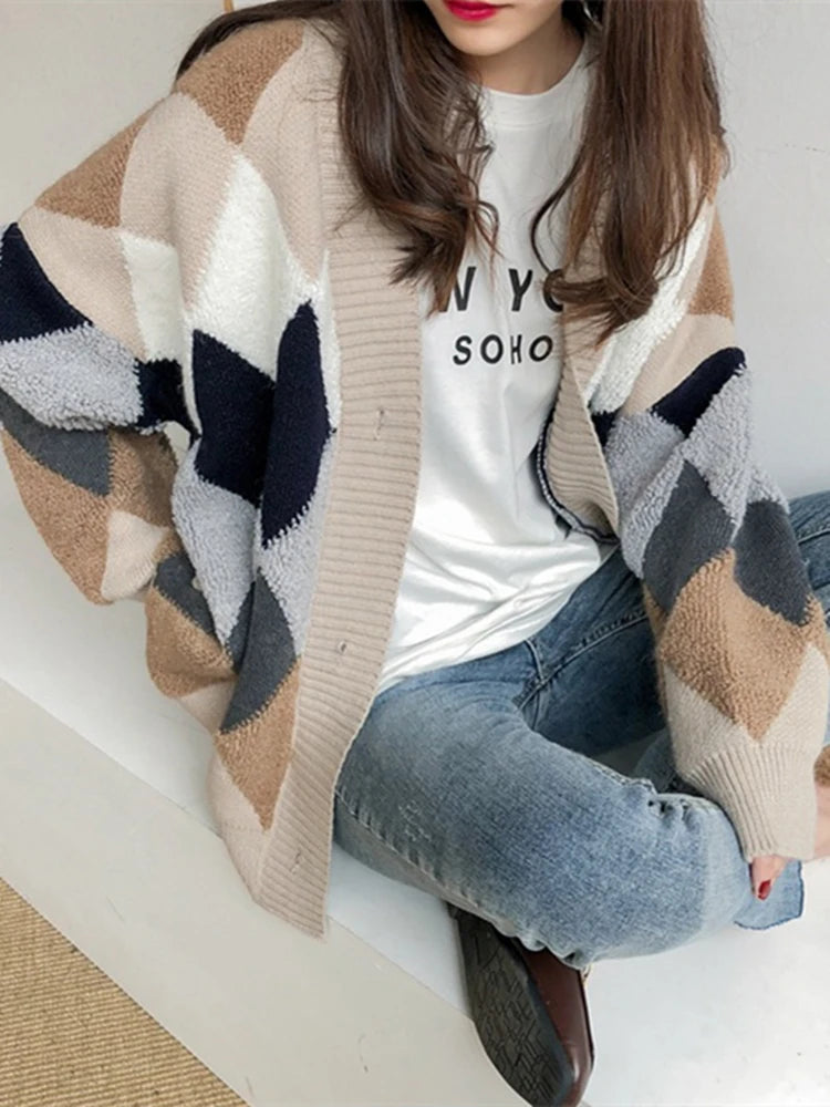 Plaid Puff Sleeve Oversized Cardigan